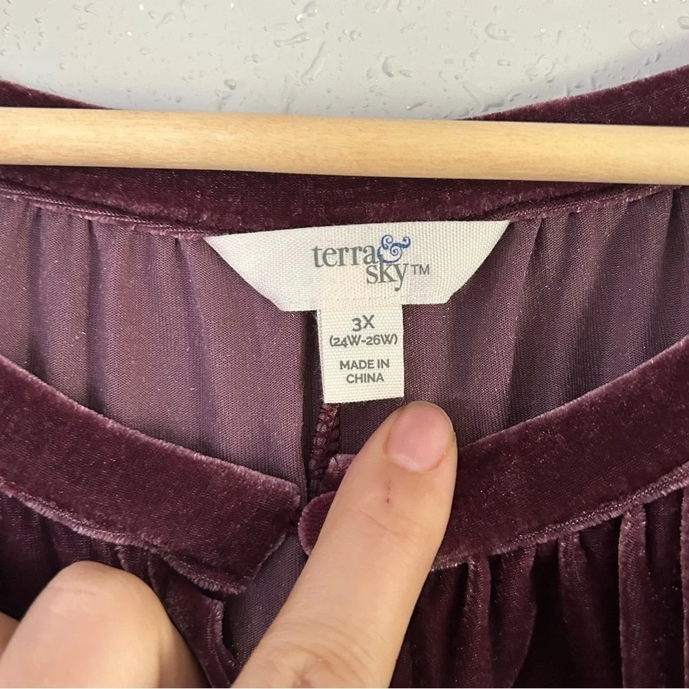 NWT Terra Sky Purple Velvet Long Sleeve Mini Dress Burgundy Fall Winter Holiday - Picture 2 of 7
